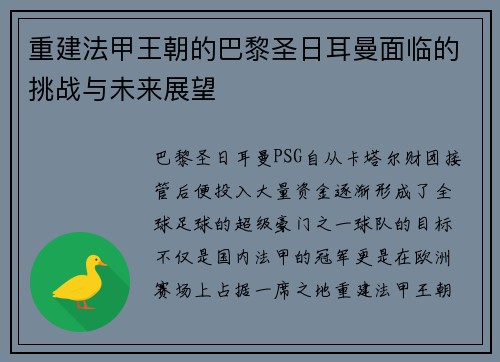 重建法甲王朝的巴黎圣日耳曼面临的挑战与未来展望 重建法甲王朝的巴黎圣日耳曼面临的挑战与未来展望