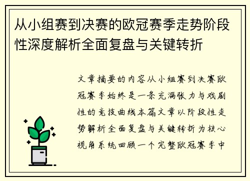 从小组赛到决赛的欧冠赛季走势阶段性深度解析全面复盘与关键转折